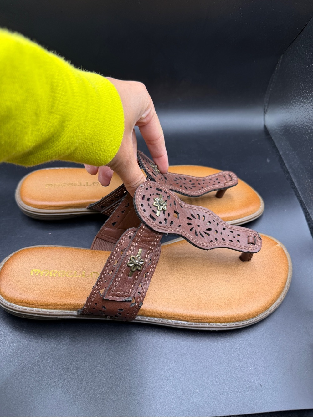 Marbella Women's Brown Laser-Cut Leather Toe-Post Sandals
